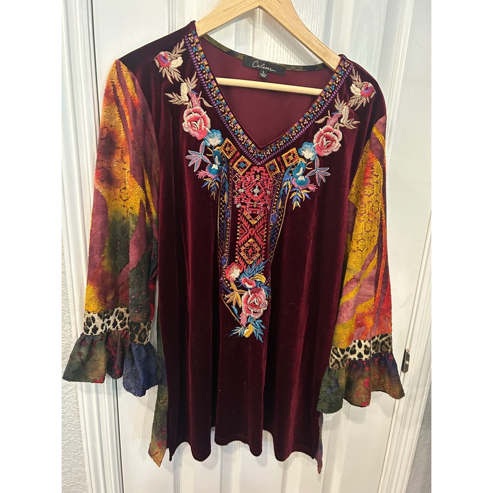 Caleesa Velvet Tunic Burgundy Embroidered Mixed Media Boho Ruffle Sleeve Top